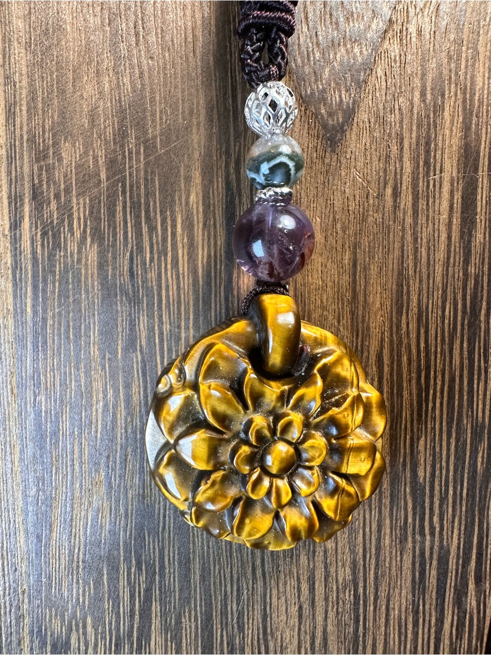 Tiger’s Eye Flower Pendant Necklace with Amethyst and Agate on Brown Rope - Picture 3 of 14